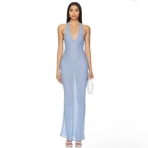 Lioness Carrie Halter Dress in Blue Check Elegant Blue Halter Maxi Dress
